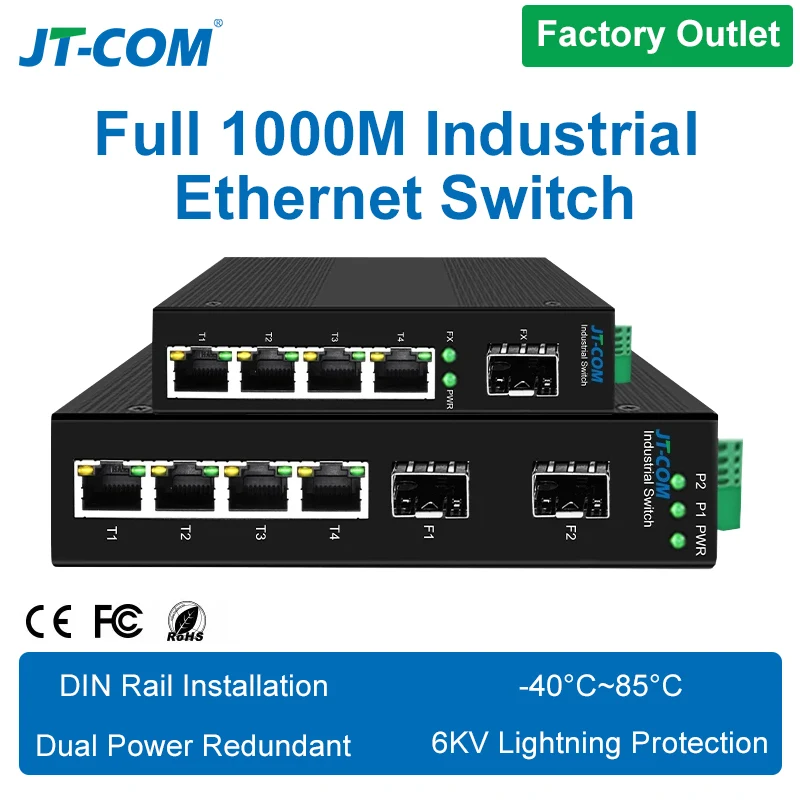 5/6 Port Industrial Gigabit Fiber Switch with SFP 10/100/1000Mbps Ethernet Switch 4GE+1(2)SFP -40 to 85°C DIN-Rail IP40 6KV