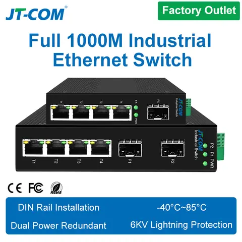 Commutateur industriel à fibre Gigabit 5/6 ports avec Ethernet SFP 10/100/1000Mbps 4GE +1(2)SFP, montage sur rail DIN IP40 -40 à 85 ° C 6KV