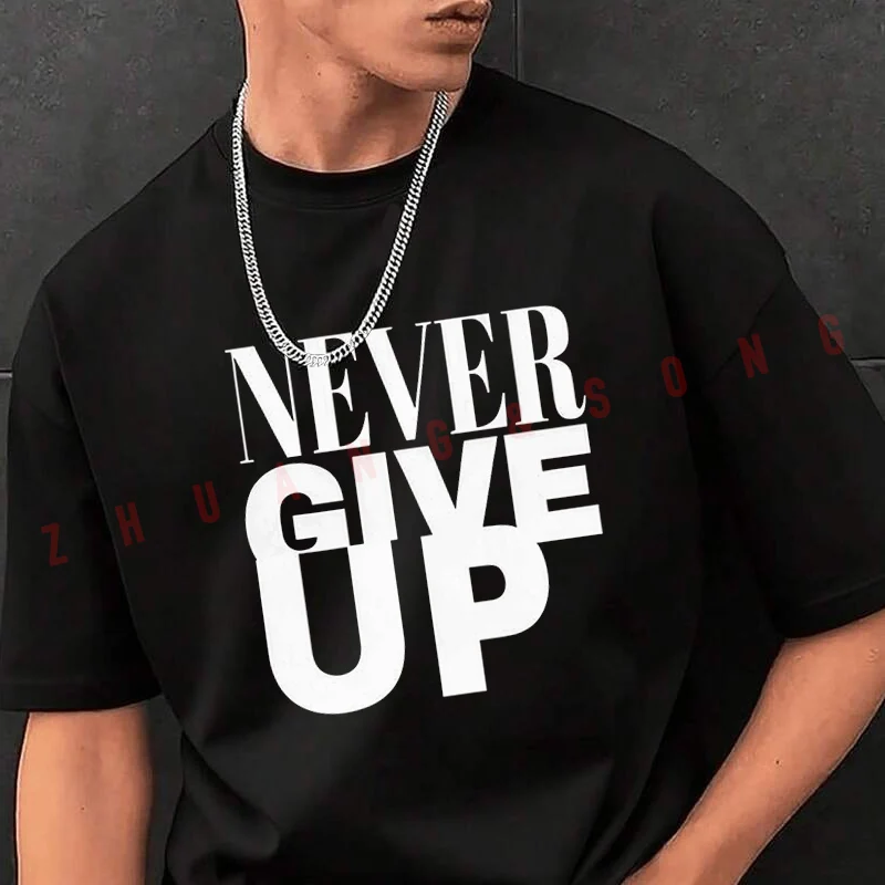 

Never Give Up Pattern Motorcycle T-Shirt Men Hip Hop Streetwear Unisex Casual Fashionable Short Sleeve Tops