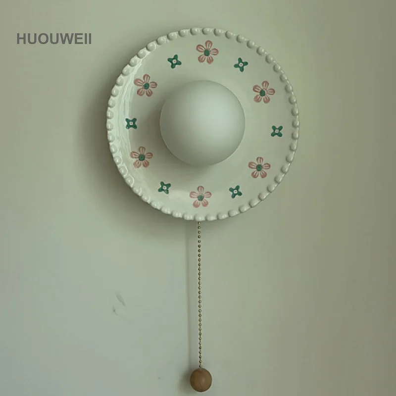 

French Cream Ceramic Wall Lamp Small Fresh Flower Bedroom Bedside Pull Rope Switch Decorative Lamp