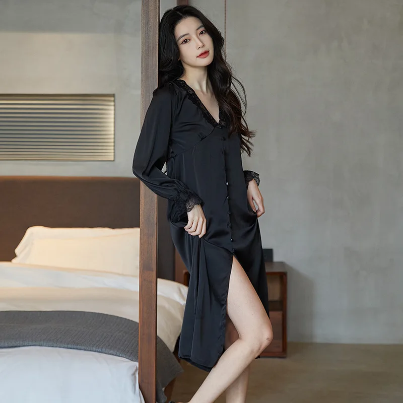 

Casual Long Sleep Dress V-neck Women Satin Sleepwear Nightgown Sexy Lingerie Home Dressing Gown Nightwear With Lace Homewear