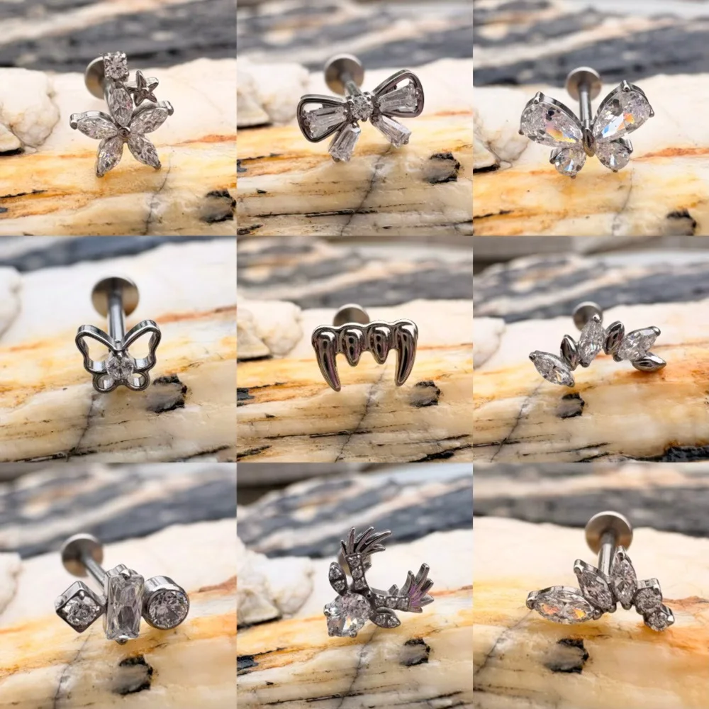 16G Implant Grade Titanium ASTM F136 Internal Thread Labret Stud Teeth Butterfly Cluster Cartilage Daith Piercing Jewelry