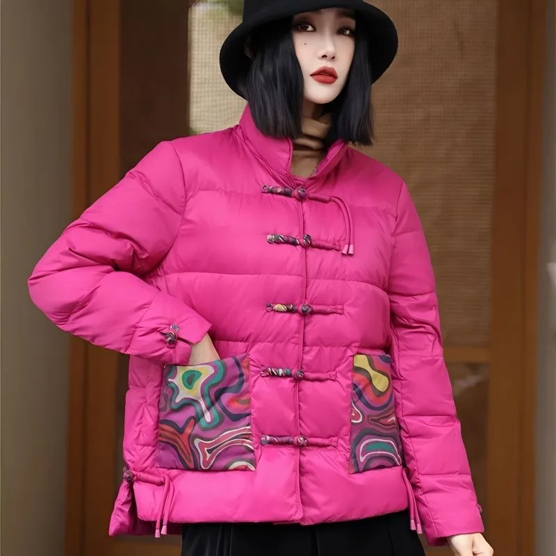 2023 Winter New Style Vintage Down Coat Female Stand Collar Short Cross Buckled Ethnic White Duck Down Jacket