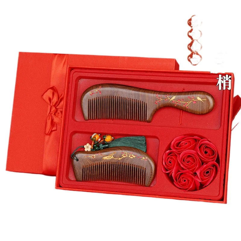 Black Gold Sandalwood Massage Comb Painted Design Wedding Gift Box Set Women Hair Care Smoothing