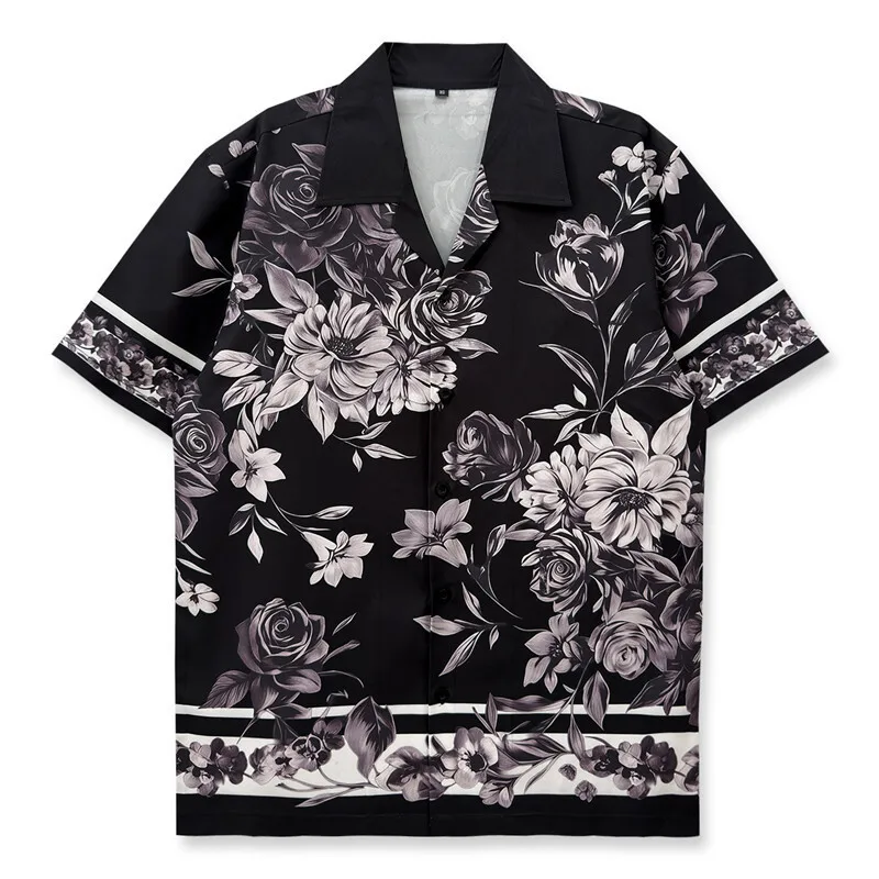 

Floral Shirt Business Dress Shirts Men Streetwear Short Sleeve Shirt Men Clothing 2026 Fashion Black White Print Casual Shirts