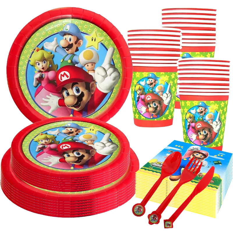 Mario Birthday Decoration Disposable Tableware Super Mario Bros Birthday Party Supplies Luigi Theme Balloon Decor for Kids Favor