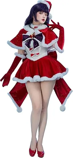 

MOBBUNNY Women Mars Derivative Sexy Lingerie Suit Christmas Furry Bowknot Dress with Cape Hat Cosplay Costume Halloween