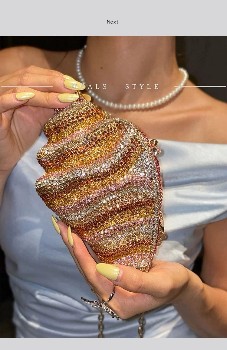 Crystal Conch Clutch Purse Luxury Glitter Women Handbag Wedding Party Banquet Bag Rhinestones Diamond Evening Bag Shoulder Bag