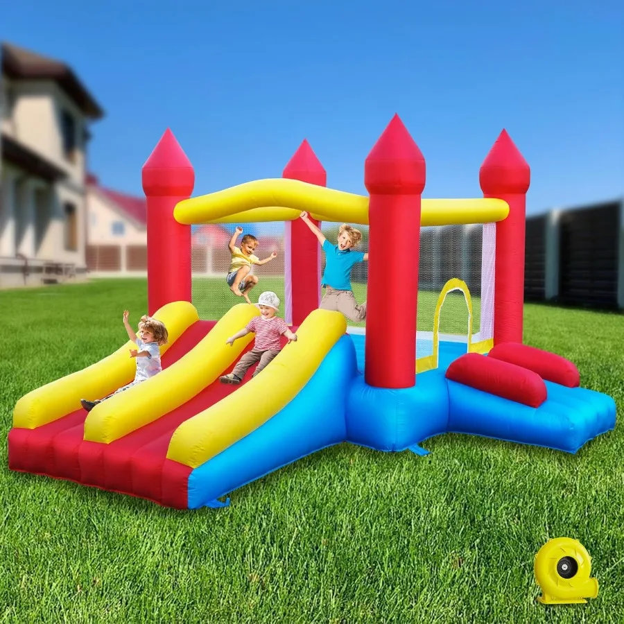 

Bounce House с двойной горкой, надувной прыгающий замок 5 в 1 для малышей, 210 лет, баскетбольное кольцо и большой бут
