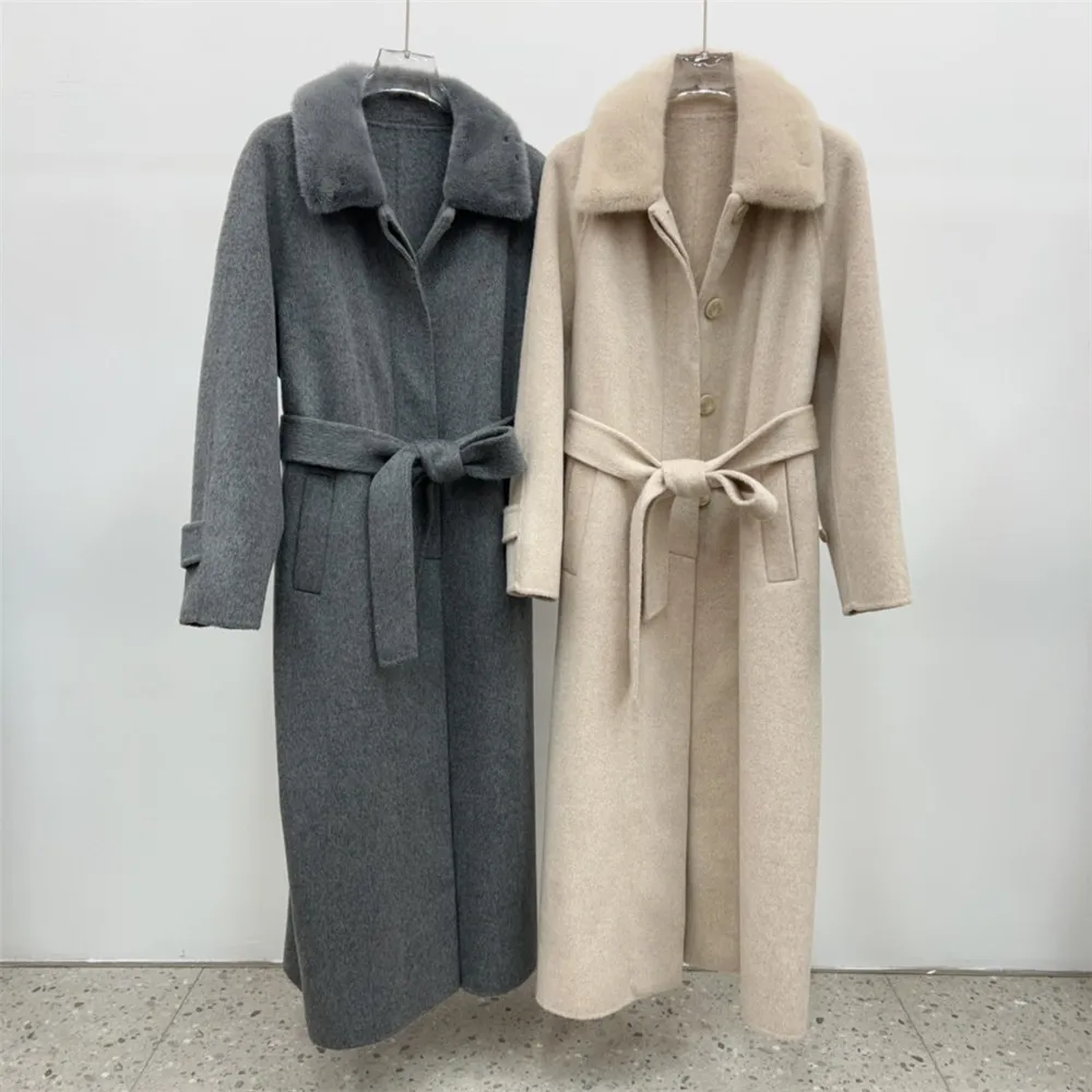 Mink Fur Collar Cashmere Coat for Women, Outerwear with Belted, Single Breasted, Temperament Slim Woolen Coat, Winter Clothes