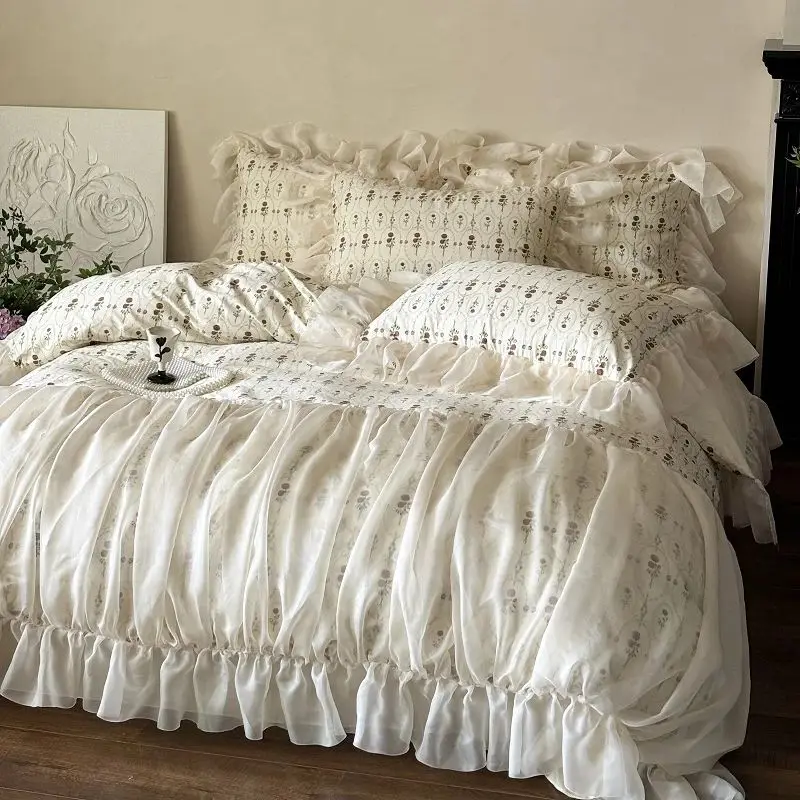 4Pcs Vintage French Pure Cotton Rose Print Pleated Lace Ruffles Bedding Set Queen King Size Duvet Cover Set Bed Sheet Pillowcase