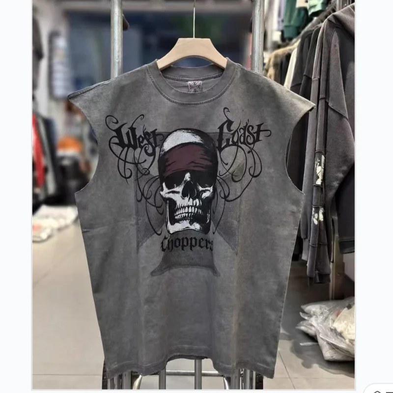 High Street Vintage Washed Gray West Coast Choppers Sleeveless T-Shirt Cotton Patterned Print