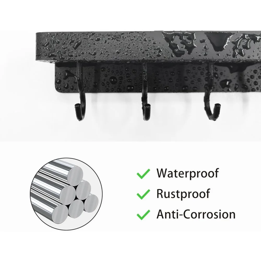 Black Key Holder Wall Mount, Stainless Steel Self Adhesive Hooks Rack with Shelf, No Drill Key Hanger for Door and Wall