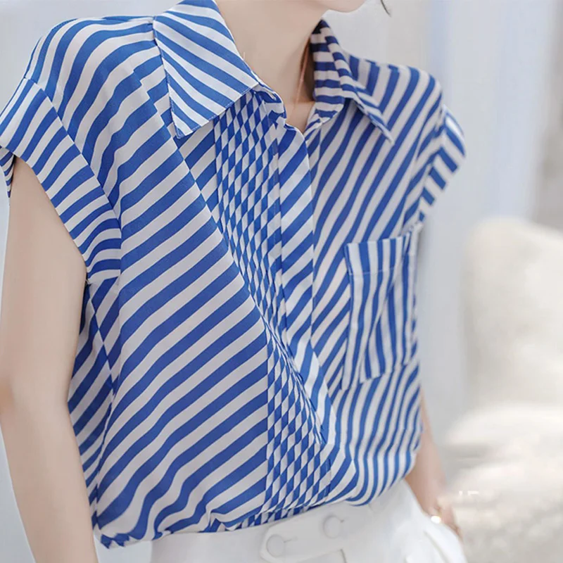 Versatile Blue White Striped Printed Short Sleeve Shirt Summer Polo-Neck Splicing Pockets Single Breasted Loose-fitting Blouse