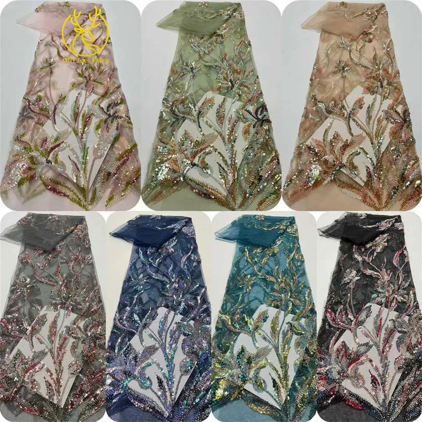 Luxuriöser afrikanischer Brautkleidstoff mit Perlenstickerei 2026 – Neuer französischer nigerianischer bestickter Blumen-Pailletten-Spitzenstoff für Hochzeits- und Partykleider – Detail 3