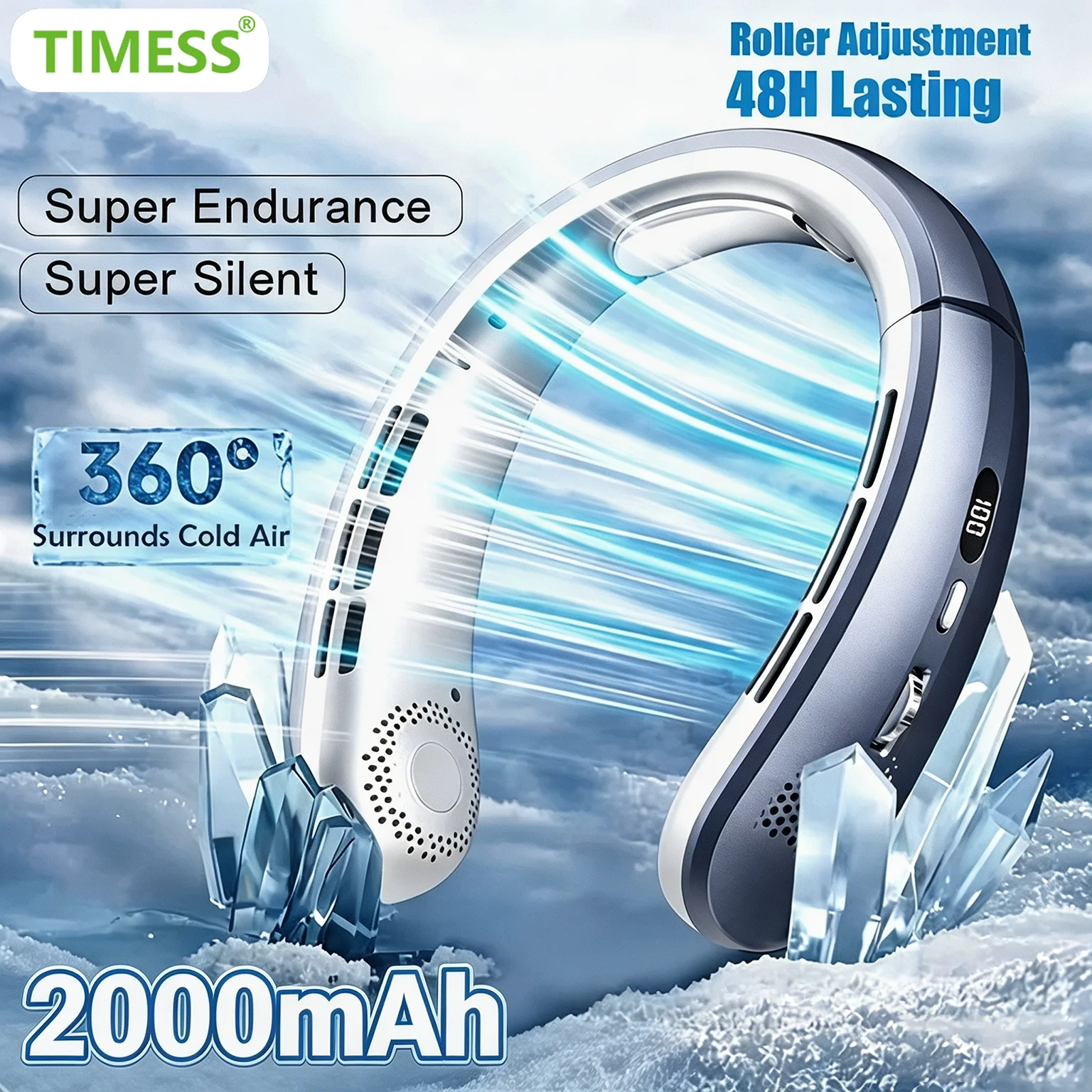 TIMESS 2000mha Neck Fan Personal Portable Fan Battery Operated, Hands Free Wearable USB Neck Cooling Fan for Indoor Outdoor