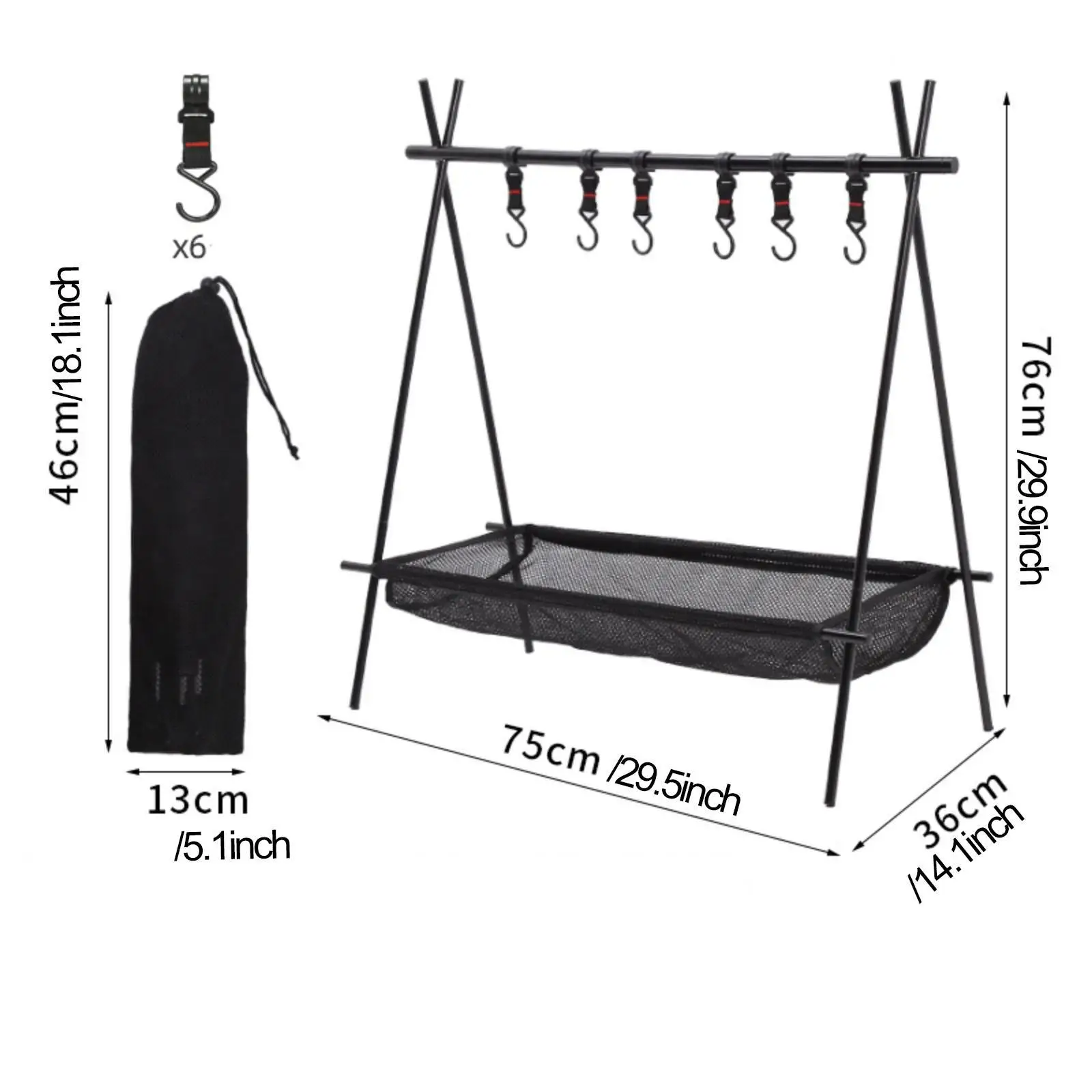 Rack dobrável para acampamento com ganchos e bolso de rede ao ar livre para piquenique, caminhadas, churrasco