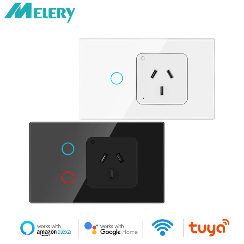 

Melery WiFi Smart AU Настенная розетка Австралия Выключатель света Розетка Сенсорный датчик Стеклянная панель Голосовое управление от Alexa Google Home