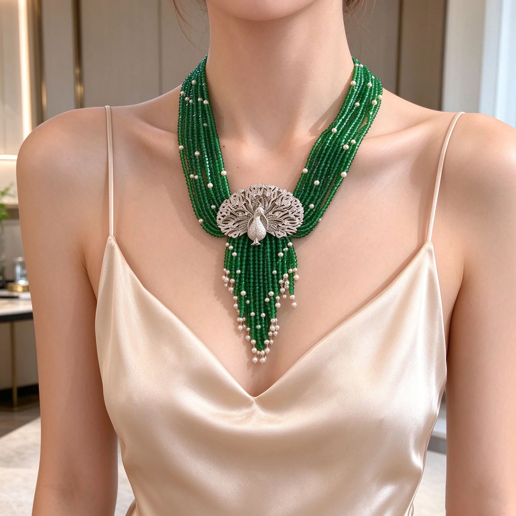 Vintage Green Peacock Tassel Necklace Women Multilayer Beaded Statement Necklace Luxury Party Jewelry