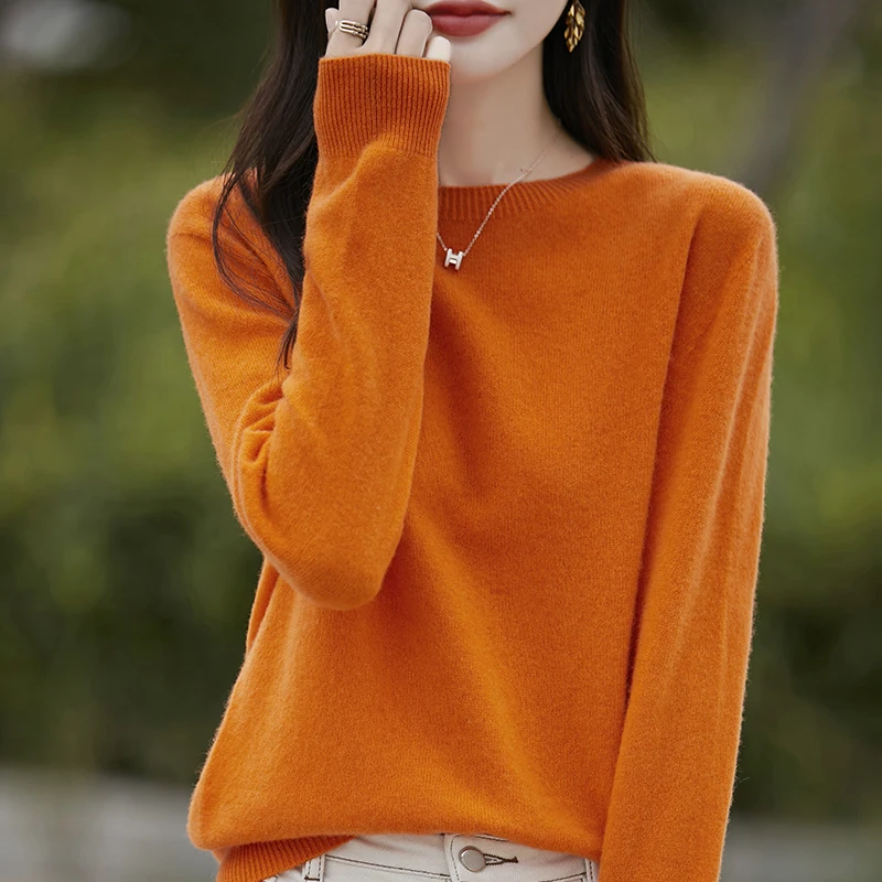 Fashion 100% Merino Wool Sweater Elegant Cashmere Pullover Women's WarmthO-Neck Long Sleeve Knitwear Basic Clothing  Jumper Tops