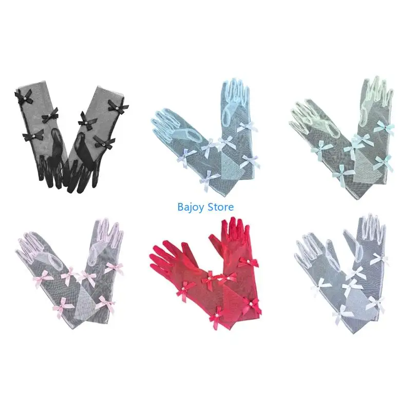 

63HE 1 Pair Mesh Children Mittens Bowknot Embellished Baby Gloves Formal Event Photography Props Skin Friendly Fabric