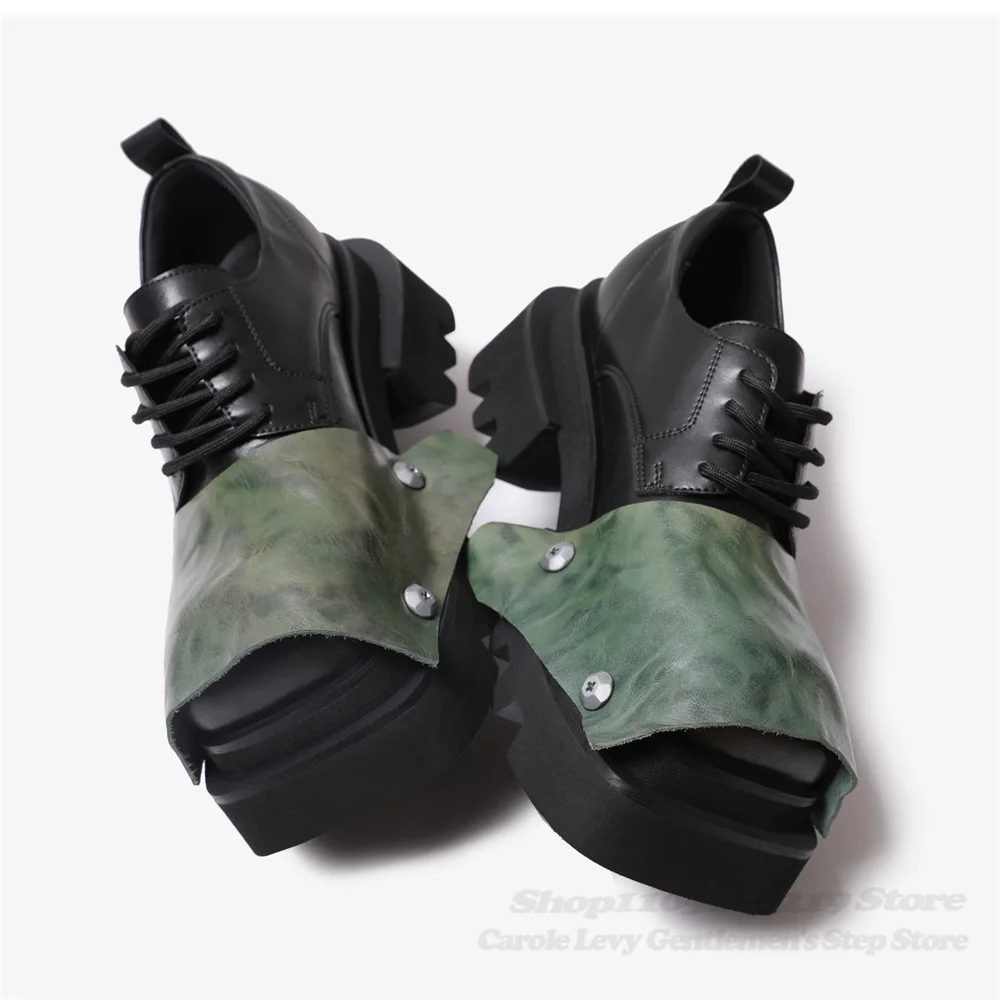 Square Headed Big Toe Derby Shoes for Men Washed Cowhide Thick Soled Height Increasing Lace Up Unisex Shoes Casual Leather Shoes