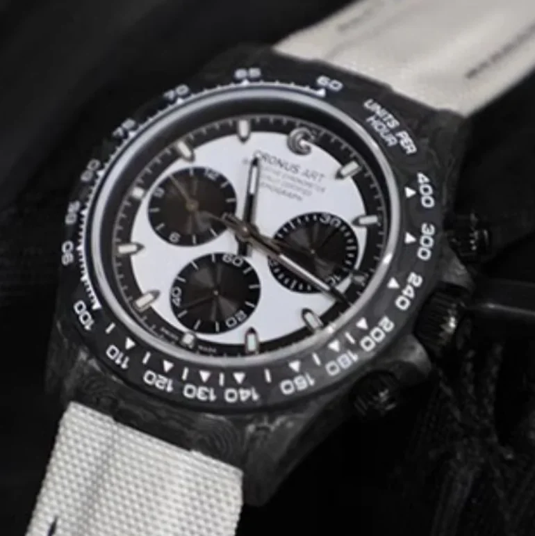 CRONUSART Men Chronograph Watch 40mm Automatic Mechanical Wristwatch Carbon Fiber Case Luminous Sapphire Mirror Canvas Strap