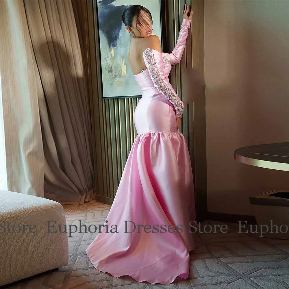 2025 دبي فساتين لحضور الحفلات الموسيقية الفاخرة الساتان حورية البحر/البوق فستان العودة للوطن الوردي الحبيب الخرز قفازات فساتين حفلات أعياد الميلاد طويلة