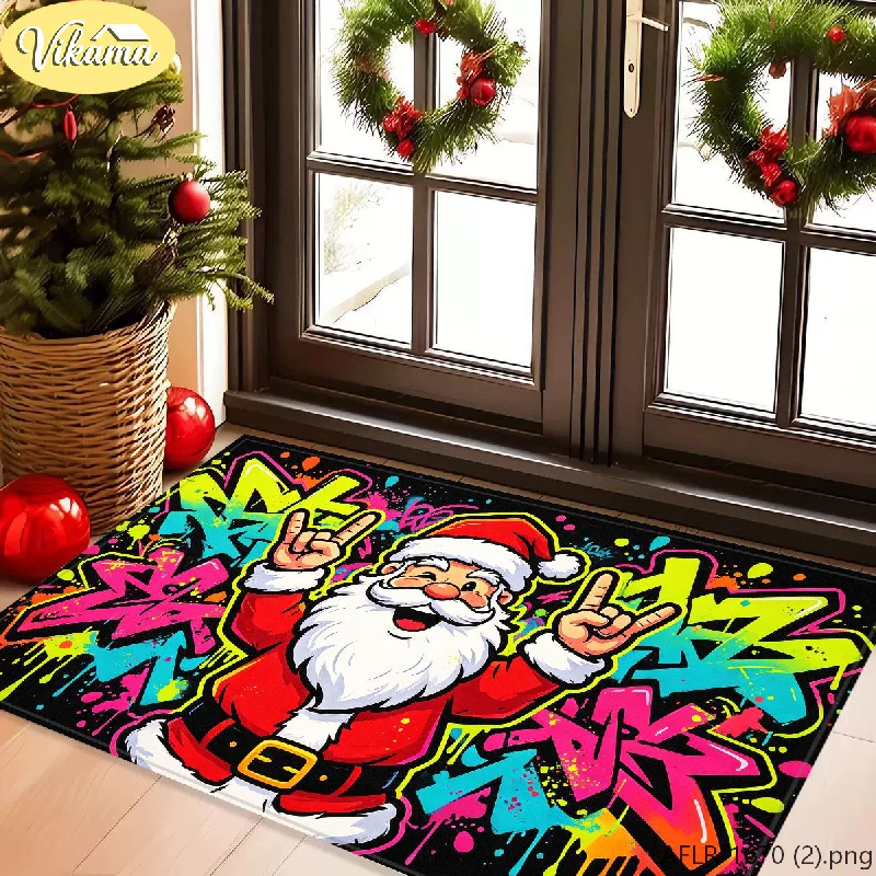 VIKAMA Hip Hop Santa Christmas Doormat Black Rock Gesture Neon Paint Winter Rug Washable Easy Care Hallway Holiday Decor