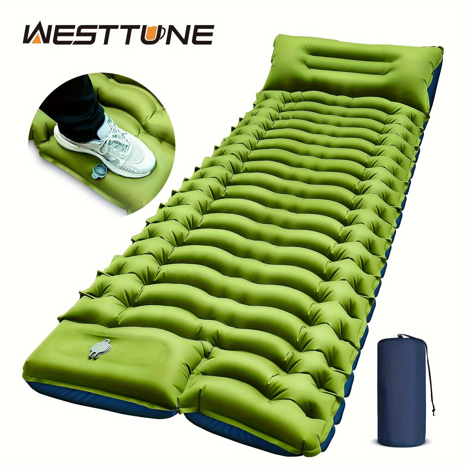 WESTTUNE Camping Sleeping Pad Ultralight Camping Mat with Pillow Built-in Foot Pump Inflatable Mattress for Backpacking Hiking