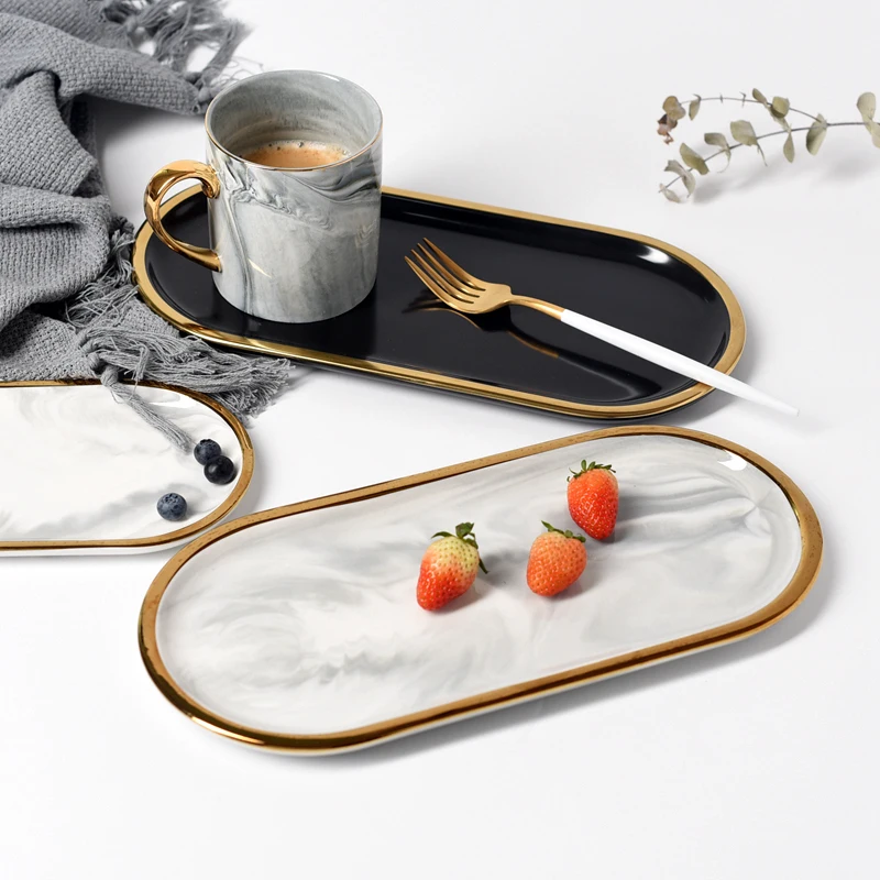 Creative Gilt Border Marble Ceramic Oval Tray Western Dinner Plate Dessert Plate Home Jewelry Storage Tray Interior Decoration
