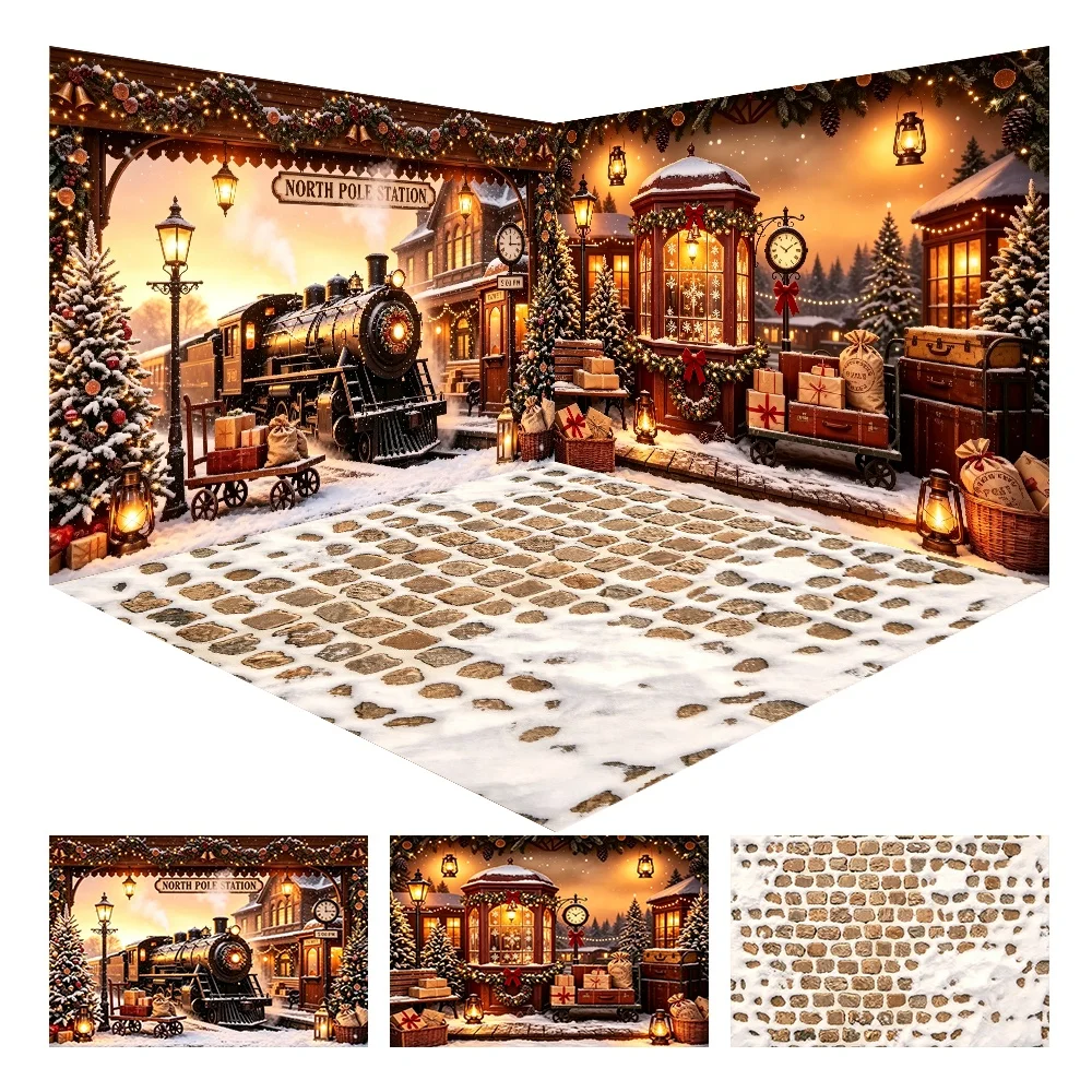 Christmas Train Corner Backdrop Photography North Pole Station Snowy Street Lamp Gift Background Kid Winter Photobooth