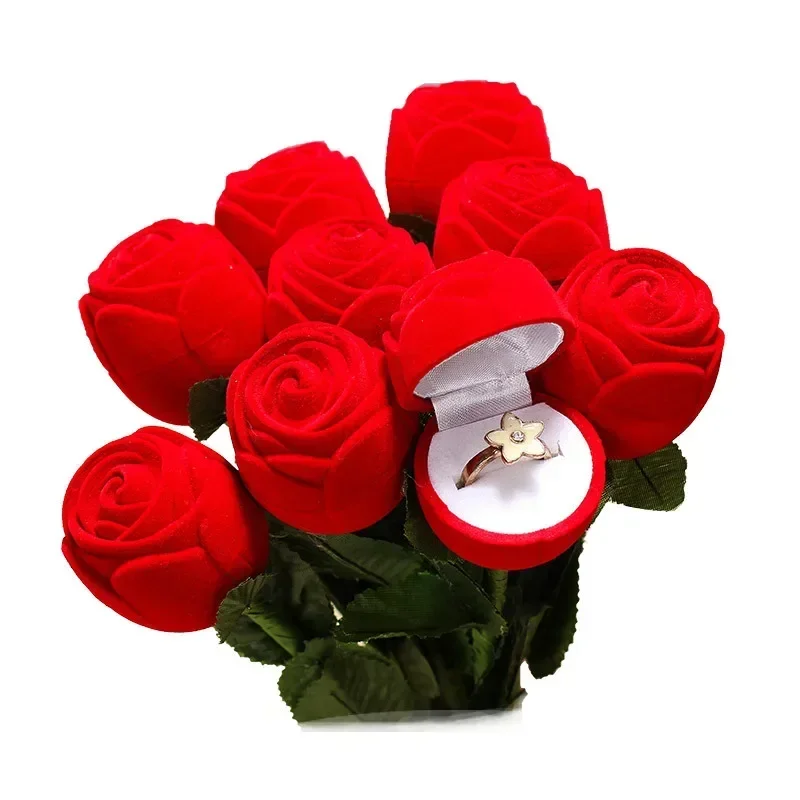 1-5pcs Red Rose Ring Boxes Velvet Flower Jewelry Display Holder Bridal Wedding Romantic Heart Flocking Storage Case