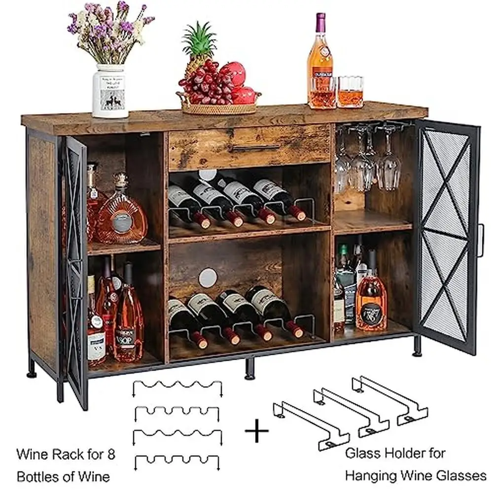 Industrial Wine Bar Cabinet with Detachable Wine Rack and Glass Holder Farmhouse Liquor Sideboard Buffet Home Bar Sturdy Metal