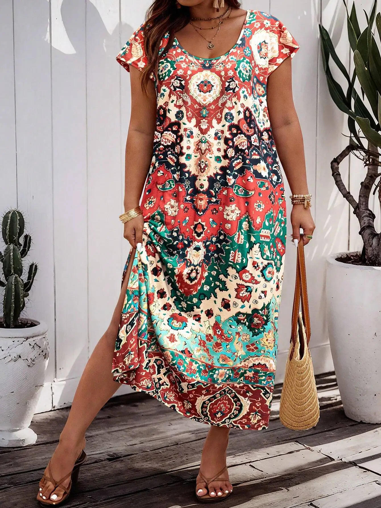 

Богемное винтажное платье макси с принтом и круглым вырезом для пляжного отдыха летом