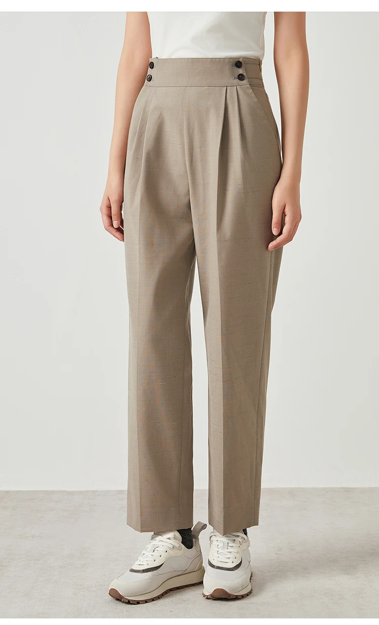 K2523X Luxuriöse Damen-Hose aus Woll-Leinen-Mischgewebe, tailliert, gerade geschnitten, hohe Taille, schlichte Linien, elegante, minimalistische Hose – Detail 3