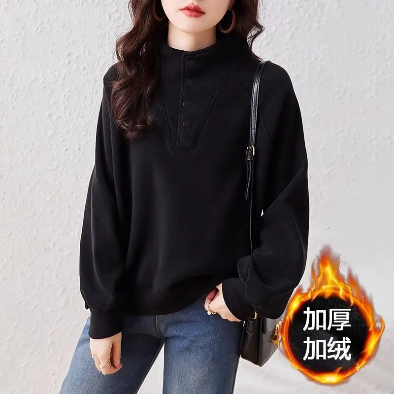 

Женский осенне-зимний новый сращенный пуловер с воротником-стойкой, модные однотонные свободные универсальные тонкие толстовки с длинными рукавами