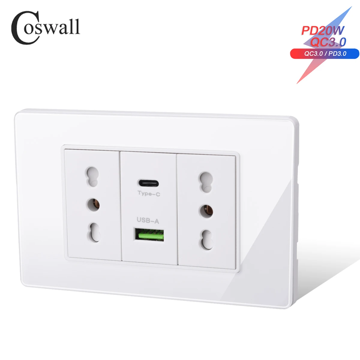 Coswall 118 Series Tempered Glass Panel Italian / Chile Standard 16A Wall Power Socket Dual USB Type-c PD 3.0 20W Fast Charging