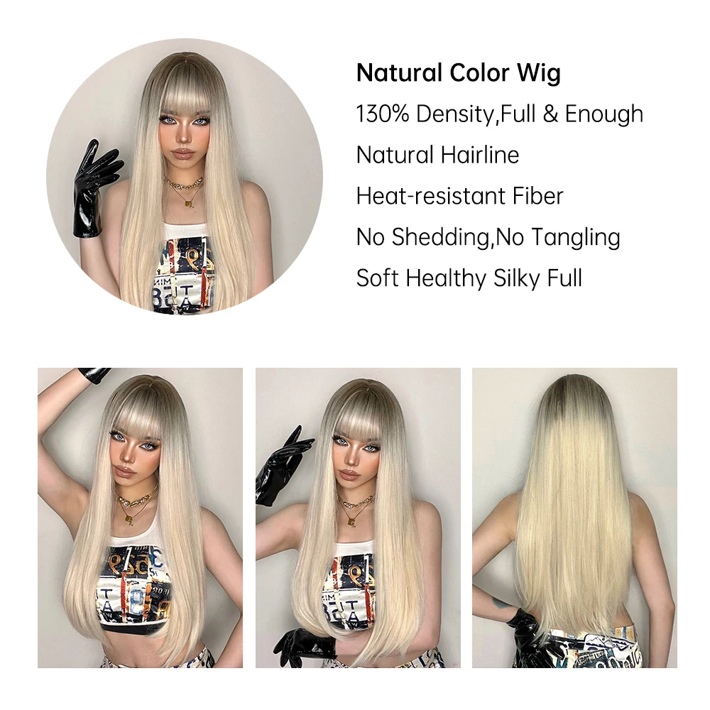 HENRY MARGU Long Silk Straight Synthetic Wigs Ombre Platinum Blonde White Wig with Bangs for Women Cosplay Party Heat Resistant