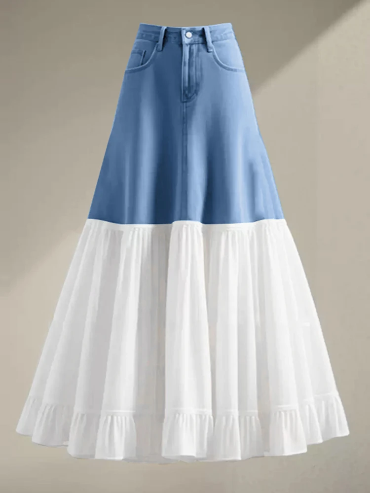 Casual French Skirt High Waist Denim Patchwork Skirts VONDA 2025 Elegant Office Lady A-line Bottoms Oversized Ankle-Length Skirt