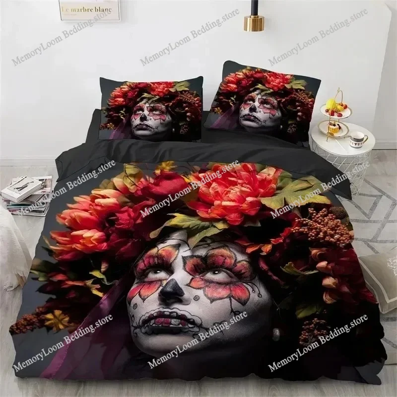

Skull Duvet Cover Queen Size Microfiber Vintage Sugar Skull Girl Day of The Dead Bride with Dark Color Roses Graphic Bedding Set