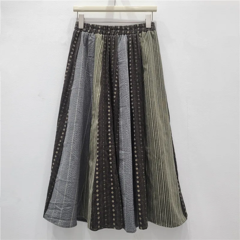 Skirts Women Mid Length Skirt A Line Elastic Waist Slim Fit Striped Print Elegant Splice Y2k Streetwear Work 2026 Summer