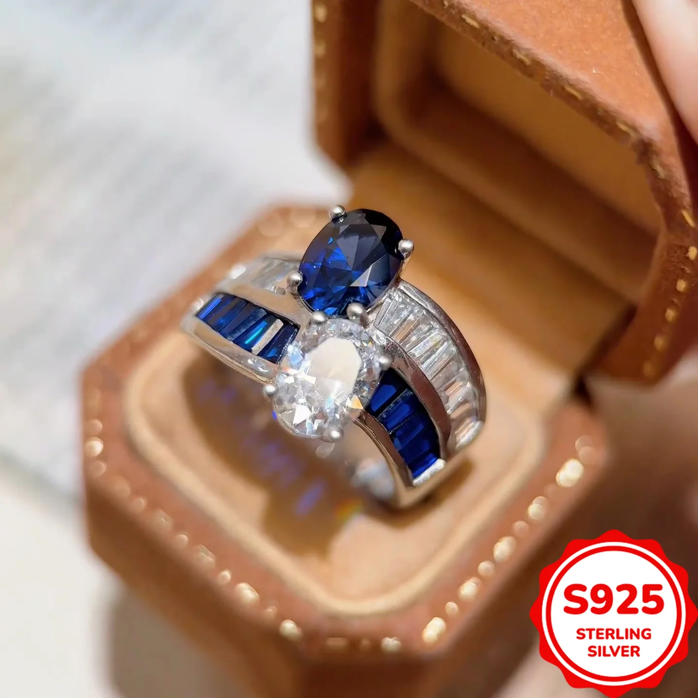 

Fashionable, Cool and Domineering Genuine S925 Silver Blue Oval Zircon Women's Wedding Ring, Personalized and Versatile