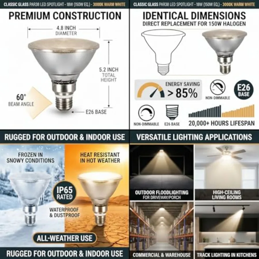 Glass Reflector PAR38 LED Bulbs, Warm White Light, 18W, Indoor/Outdoor Flood Light, Waterproof, 4-Pack, 150W Halogen Equivalent - view 3