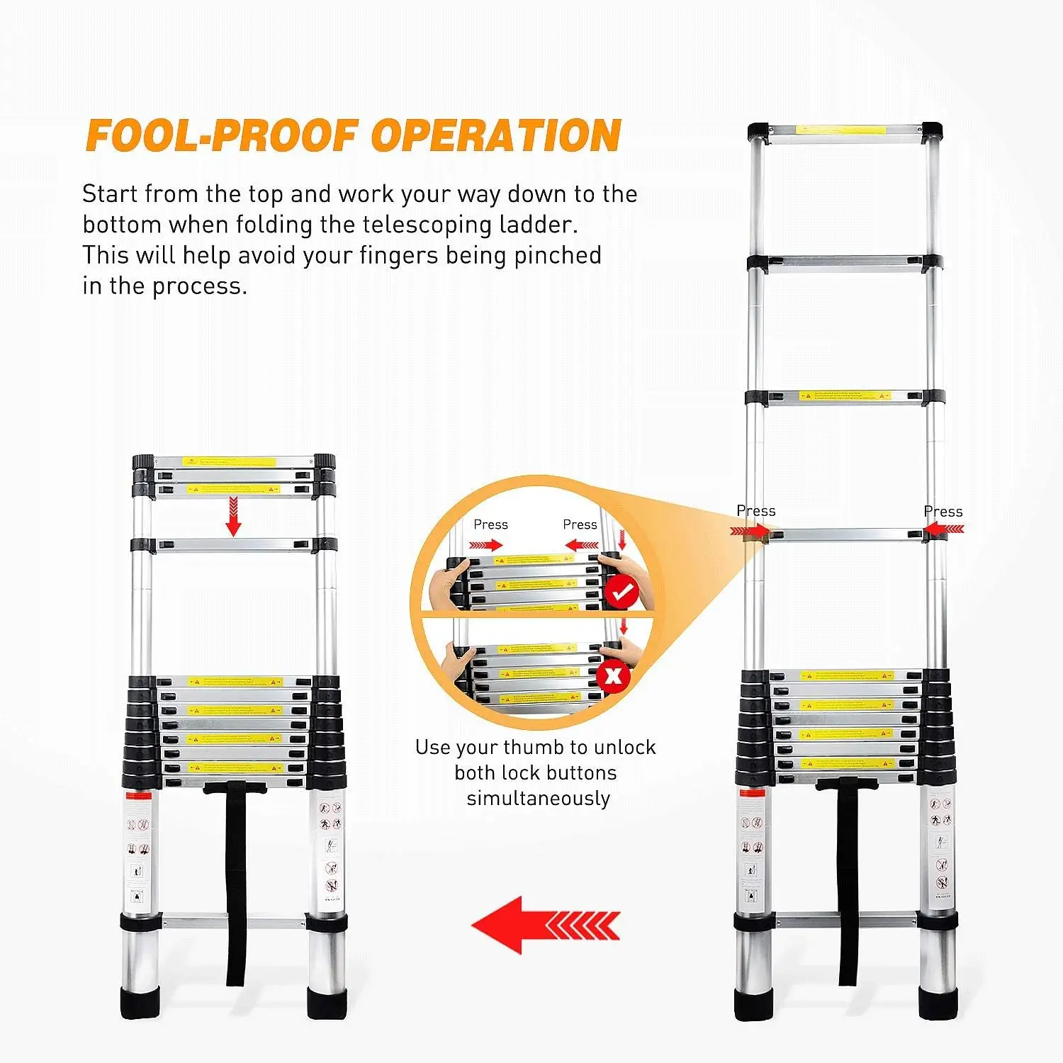 Ladder Aluminum Telescopic Extension Multi Purpose Ladders EN131 Certified - Extendable with Spring Lo