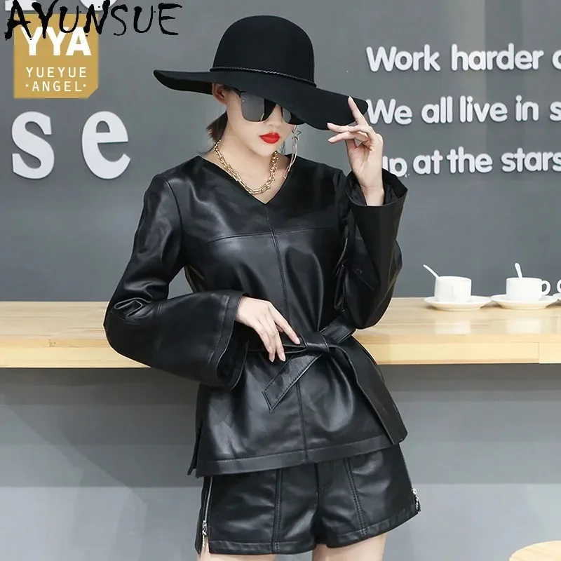 

Women AYUNSUE OL Style Real Leather Jacket Flare Sleeve V-Neck Pullover Short Sheepskin Coat Korean Fashion Loose Sashes Tops