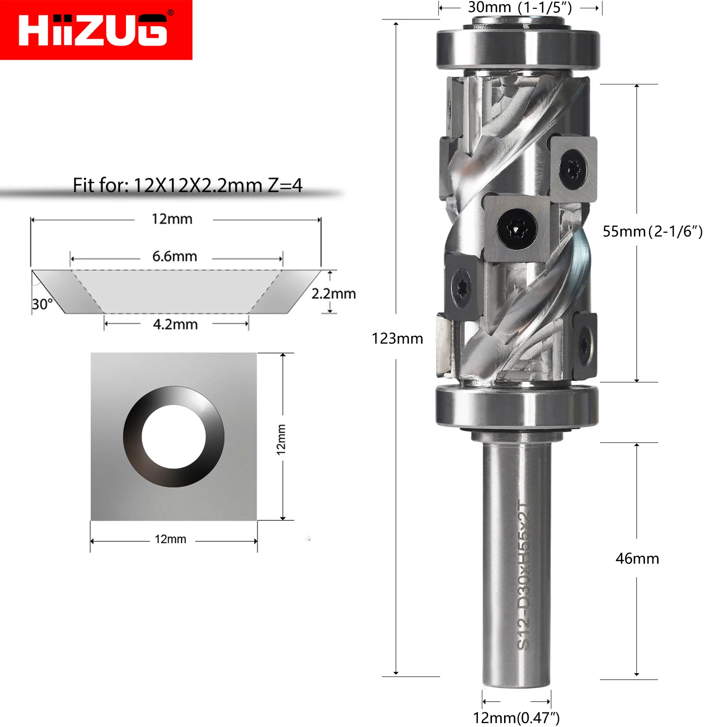 12mm Shank Spiral Flush Trim Router Bit Top and Bottom Double Bearings Pattern Template Router Bit 55mm Cut Length 12mm Inserts