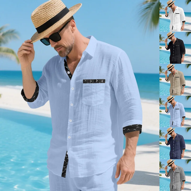 Men Linen‑Blend Button Down Shirt, Contrast Trim Chest Pocket Roll‑Up Sleeve Casual Tops