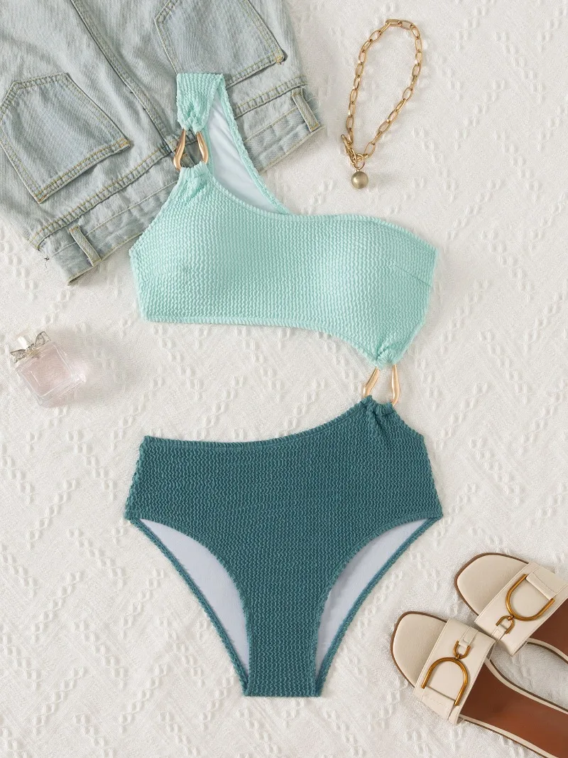 2025 جديد المرأة واحدة الكتف مجموعة البكيني حلقة معدنية كتلة اللون قطعة واحدة مثير زي سباحة من قطعتين لقضاء عطلة الشاطئ وحفلات حمام السباحة #2