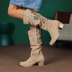 Boot Shoes Women High Heels Ladies Fashion Tassel Rhinestone Boots Pointed Toe Chunky High Heel Knee High Fall Boots For Women